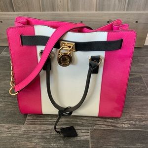 Michael Kors Hamilton Hot Pink White Stripe Tote Purse